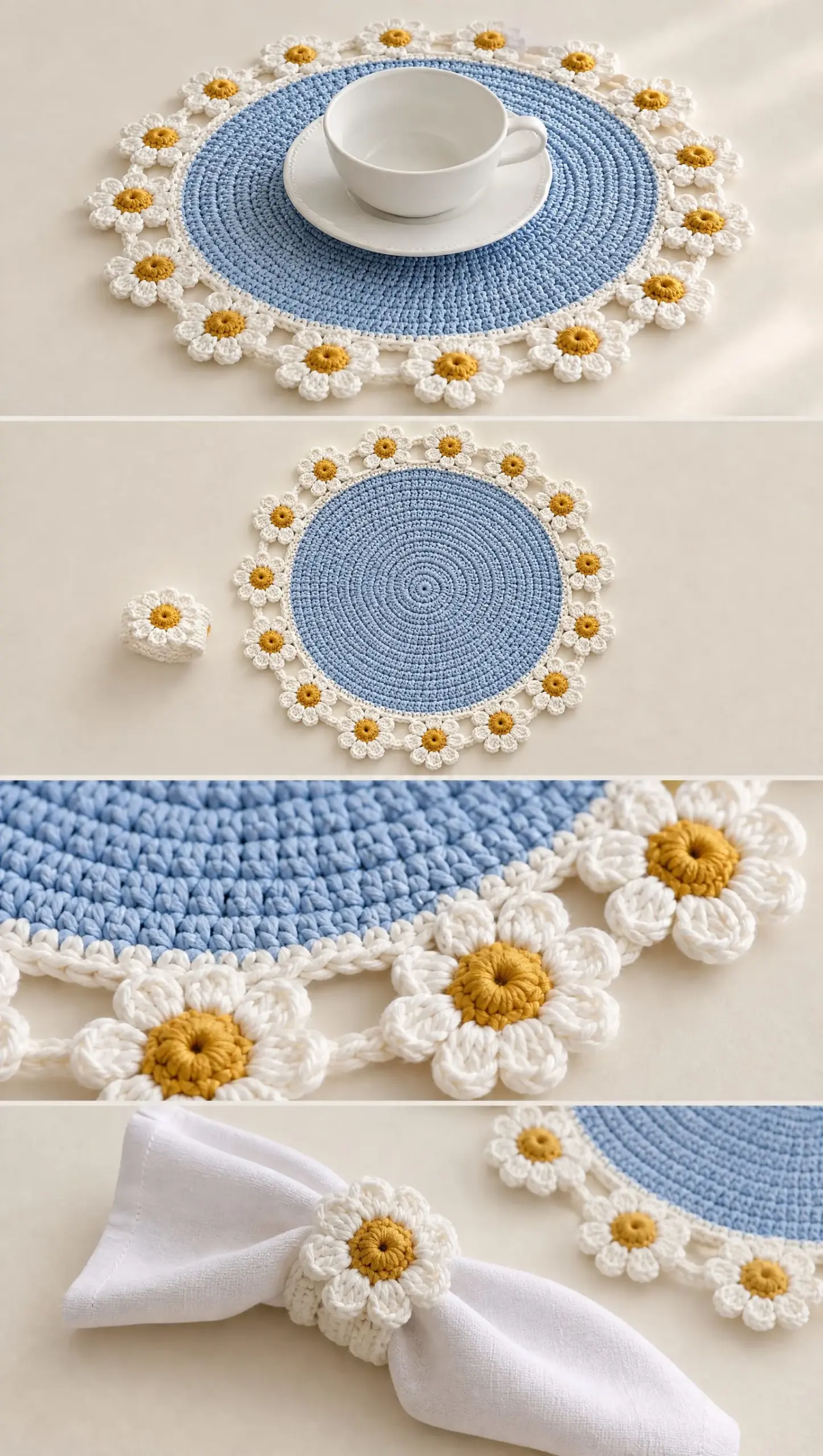 Blue Chamomile Placemat and Napkin Ring Crochet Pattern
