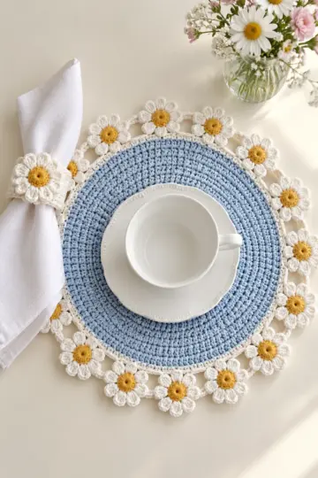 Blue Chamomile Placemat and Napkin Ring Crochet Pattern