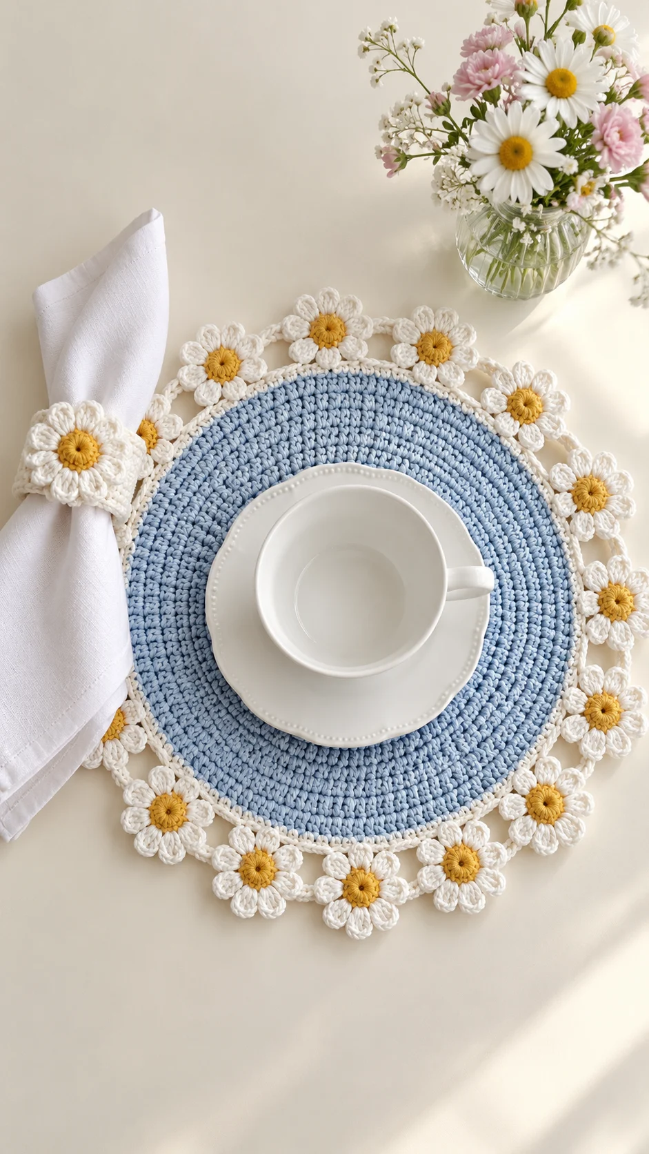 Blue Chamomile Placemat and Napkin Ring Crochet Pattern