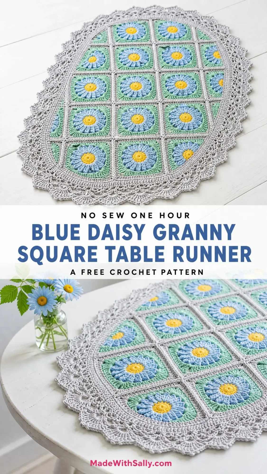 Blue Daisy Granny Square Table Runner Free Crochet Pattern