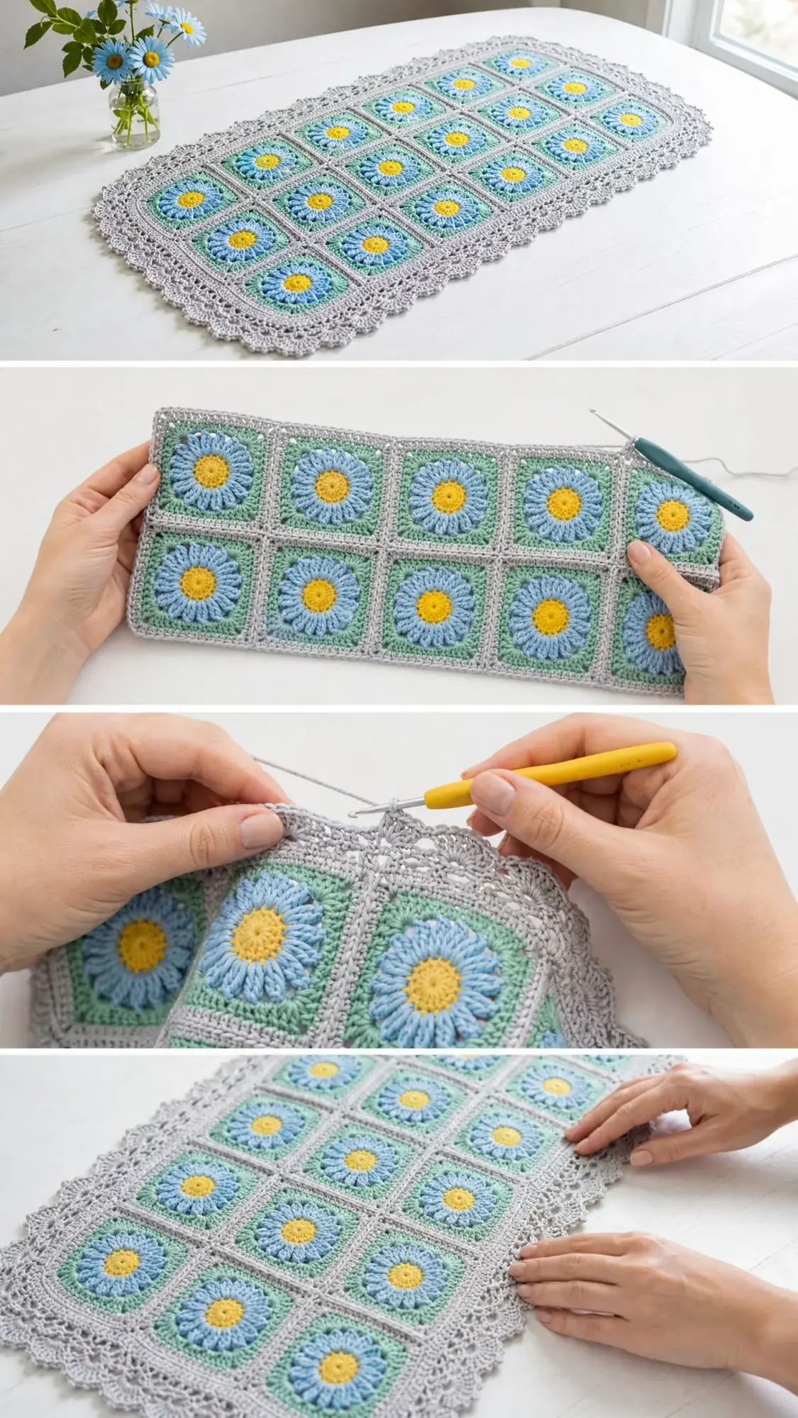 Blue Daisy Granny Square Table Runner Free Crochet Pattern