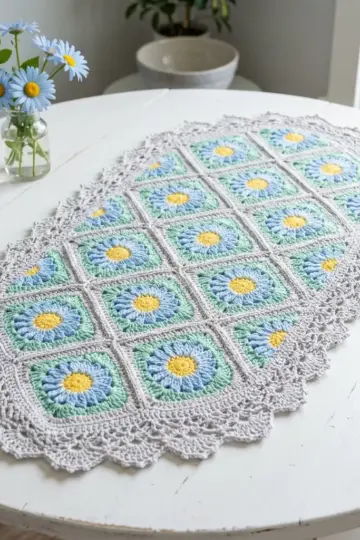 Blue Daisy Granny Square Table Runner Free Crochet Pattern
