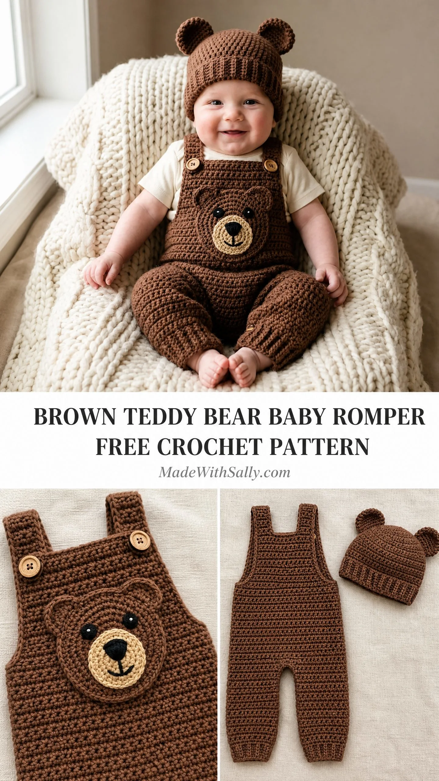 Brown Teddy Bear Baby Romper Free Crochet Pattern