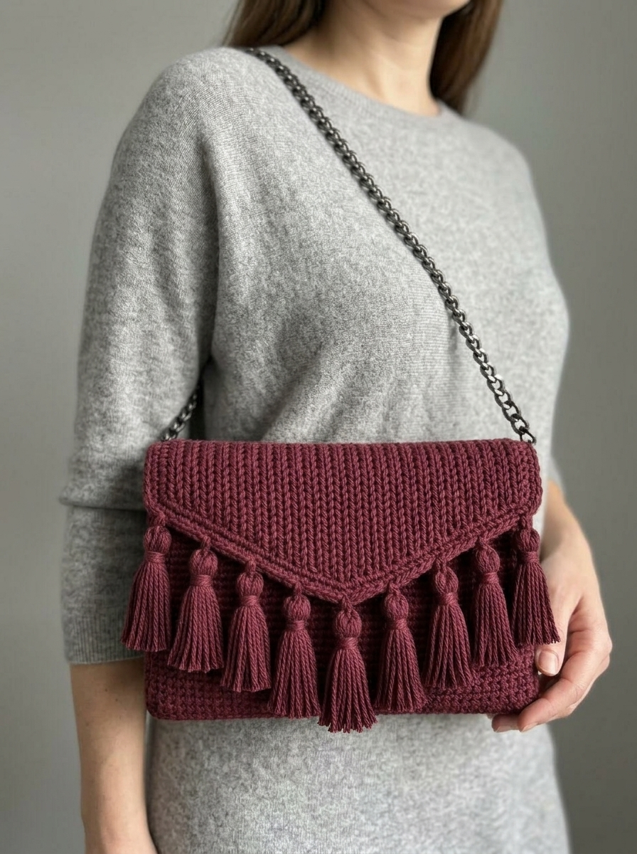 Burgundy Wine Elegant Tassel Clutch Free Crochet Pattern