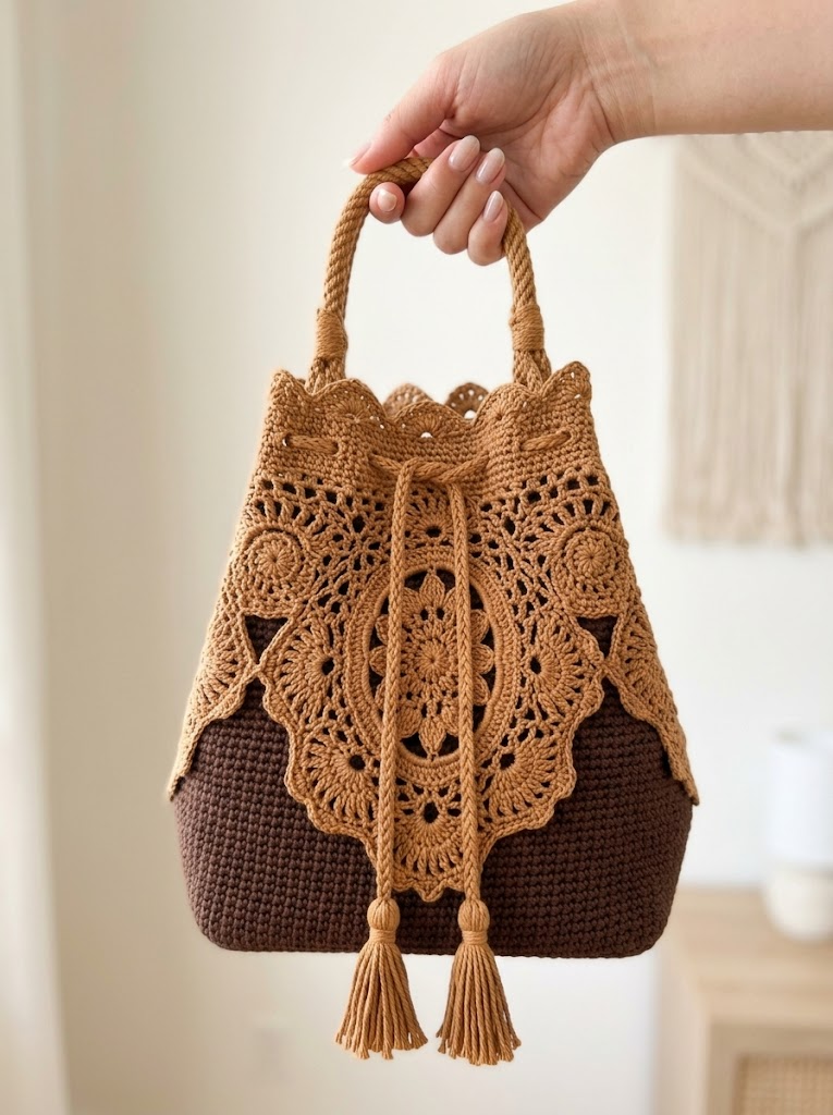 Caramel Mocha Lace Bucket Bag Free Crochet Pattern