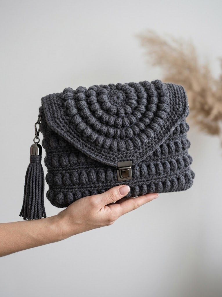 Charcoal Gray Modern Spiral Clutch Free Crochet Pattern