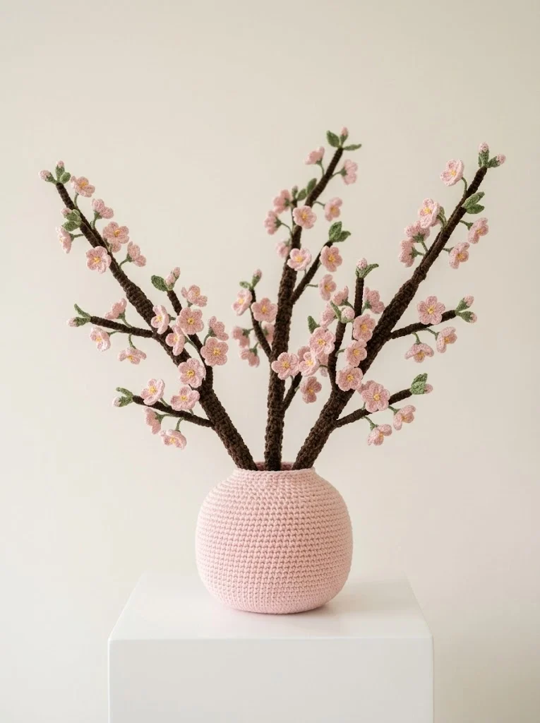 Cherry Blossom Branch Crochet Vase Free Crochet Pattern