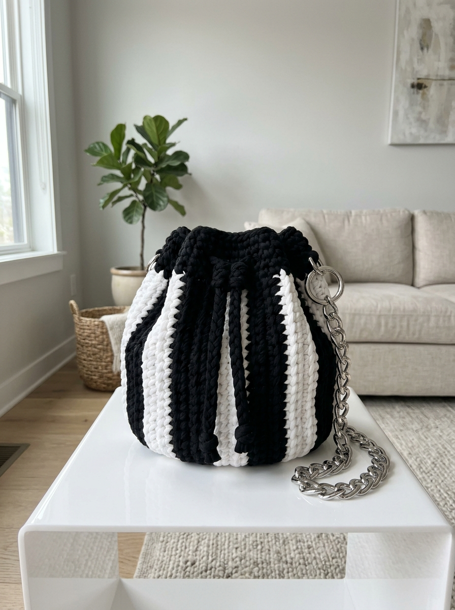 Classic Black and White Drawstring Bucket Bag Pattern (PDF Download)