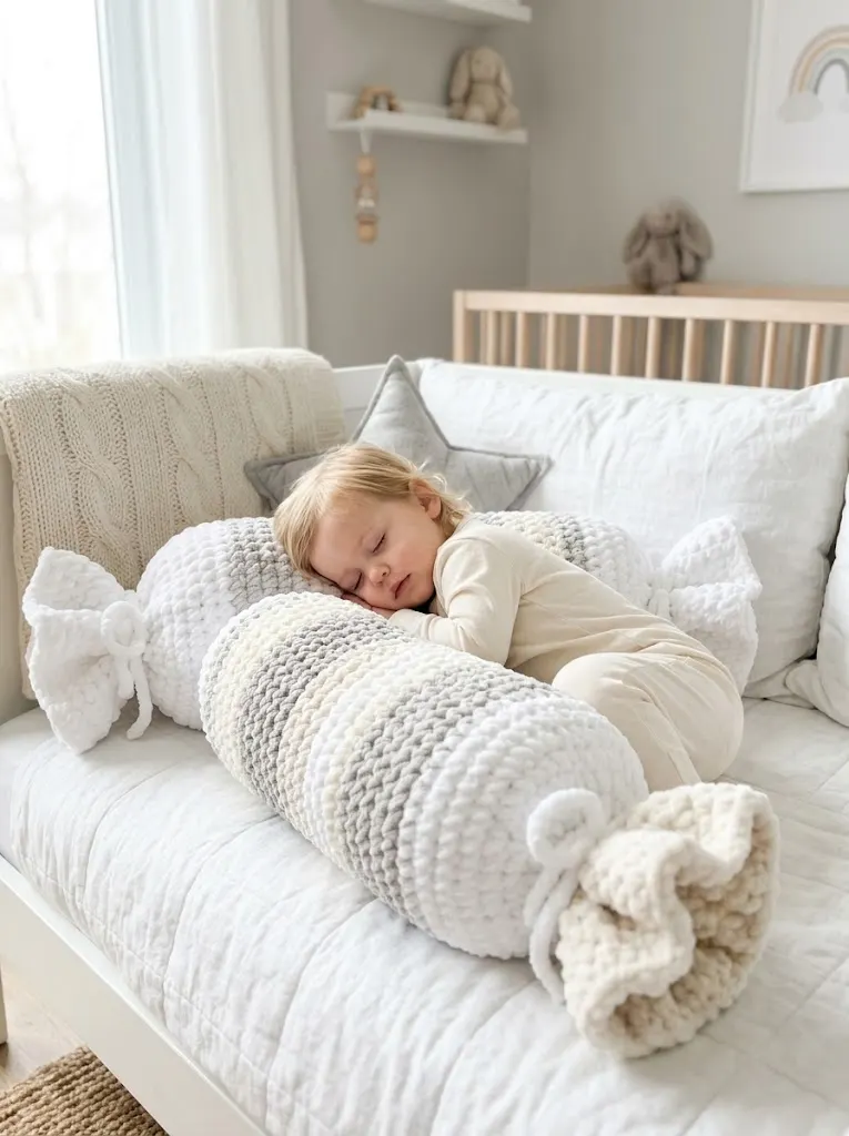 Cloud White Candy Bolster Pillow Free Crochet Pattern