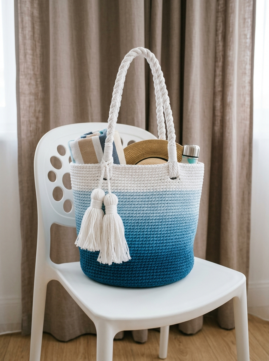 Coastal Blue Ombre Beach Tote with White Tassels Pattern (PDF Download)