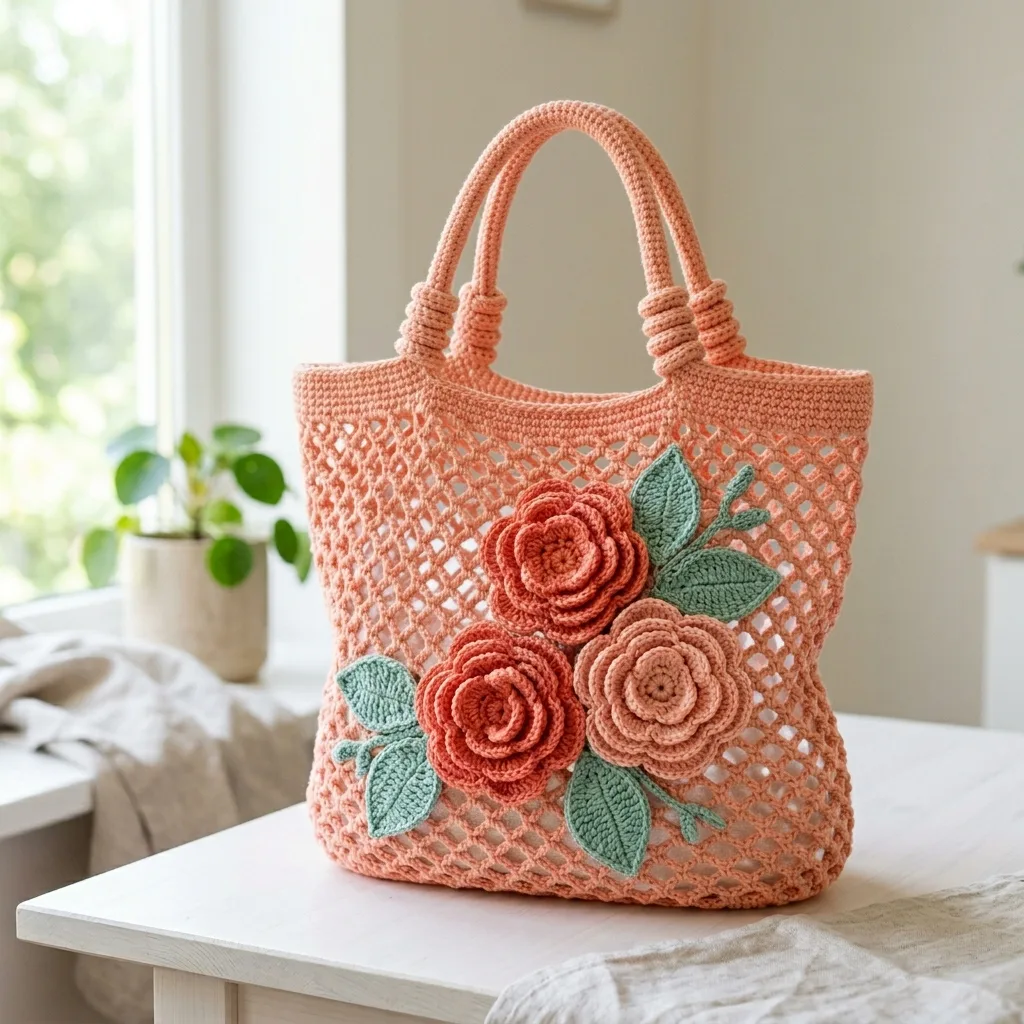 Coral Camellia Net Market Bag Crochet Pattern