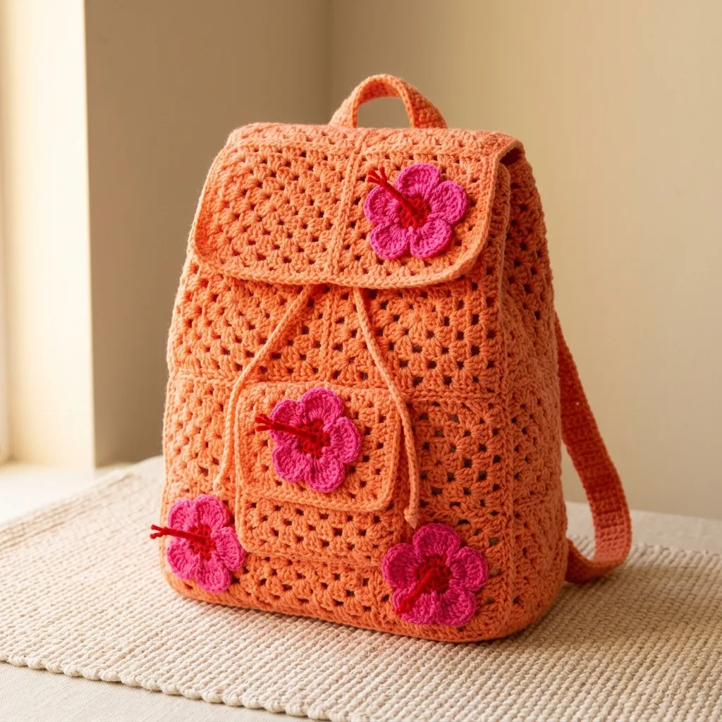 Coral Hibiscus Tropical Backpack Crochet Pattern