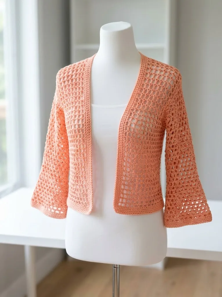 Coral Peach Mesh Crochet Summer Shrug Free Pattern