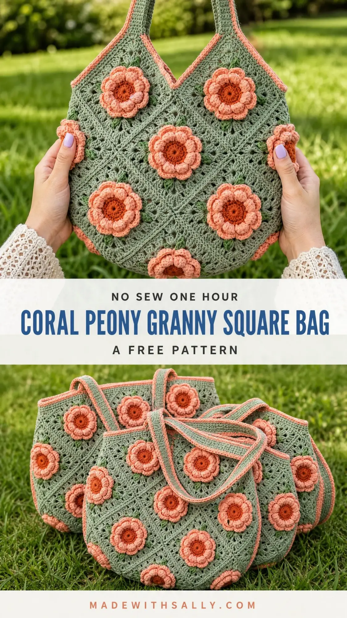 Coral Peony Granny Square Bag Free Crochet Pattern