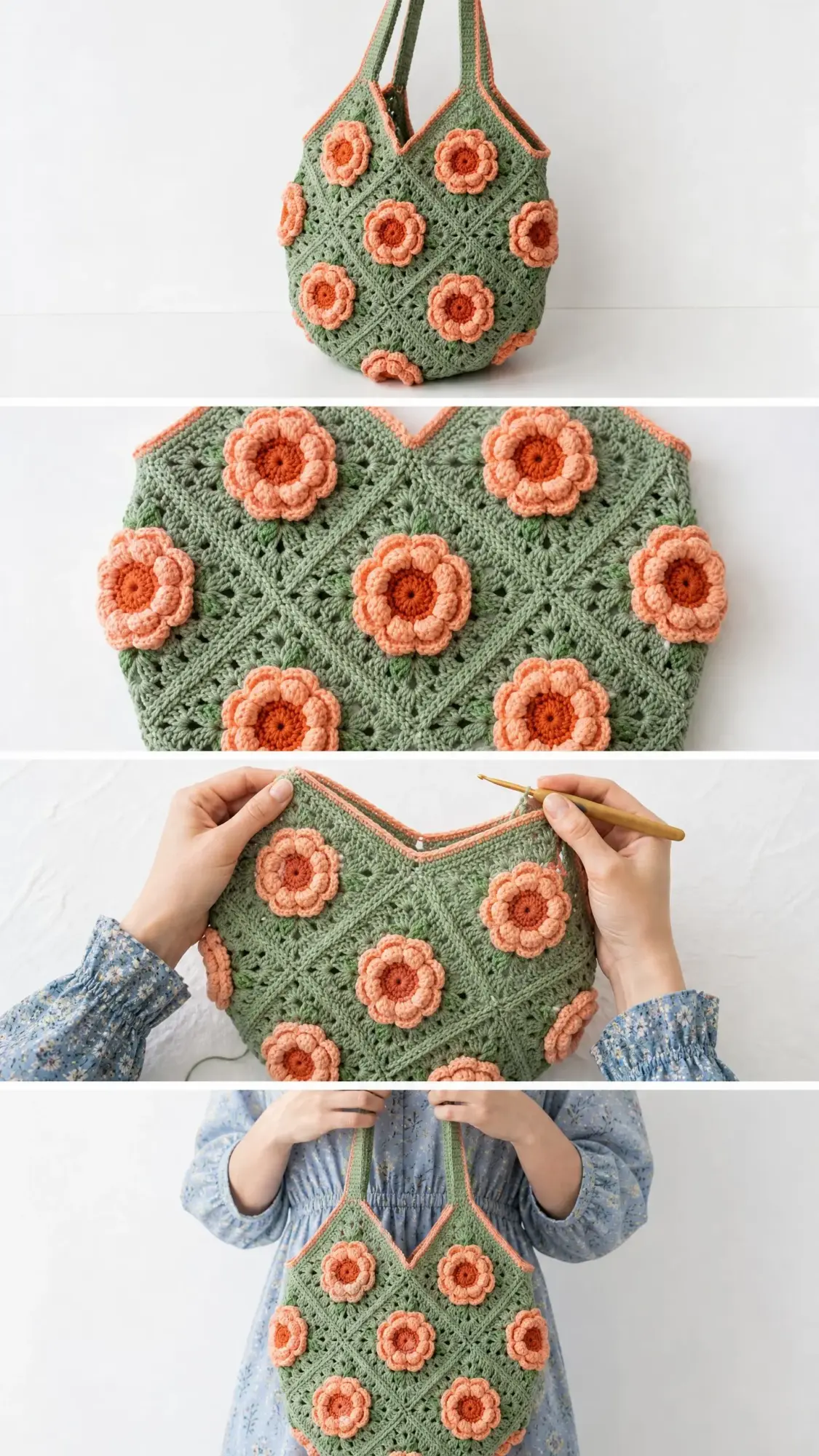 Coral Peony Granny Square Bag Free Crochet Pattern