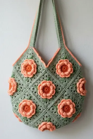 Coral Peony Granny Square Bag Free Crochet Pattern