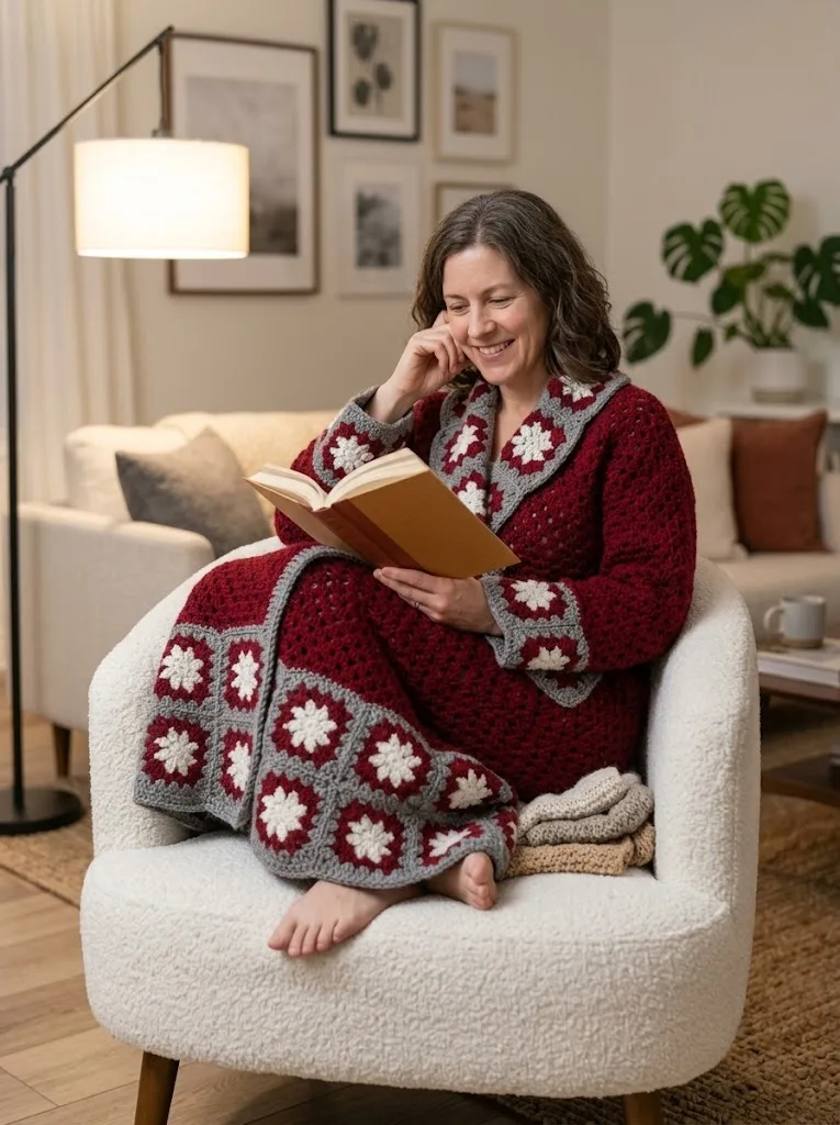 Cranberry Winter Granny Square Robe Free Pattern