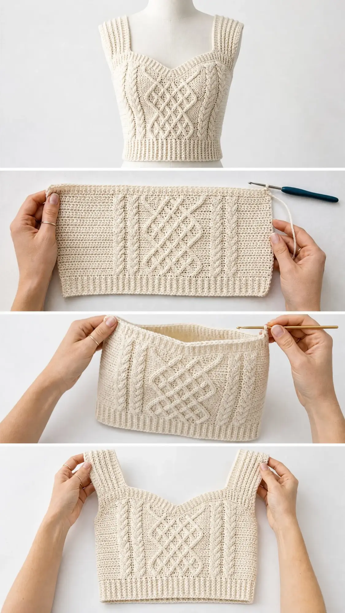 Cream Boho Cable Stitch Crop Top Free Crochet Pattern