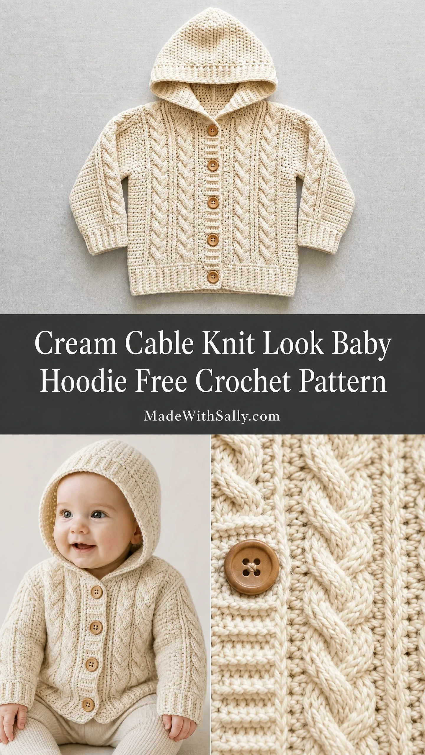 Cream Cable Knit Look Baby Hoodie Free Crochet Pattern