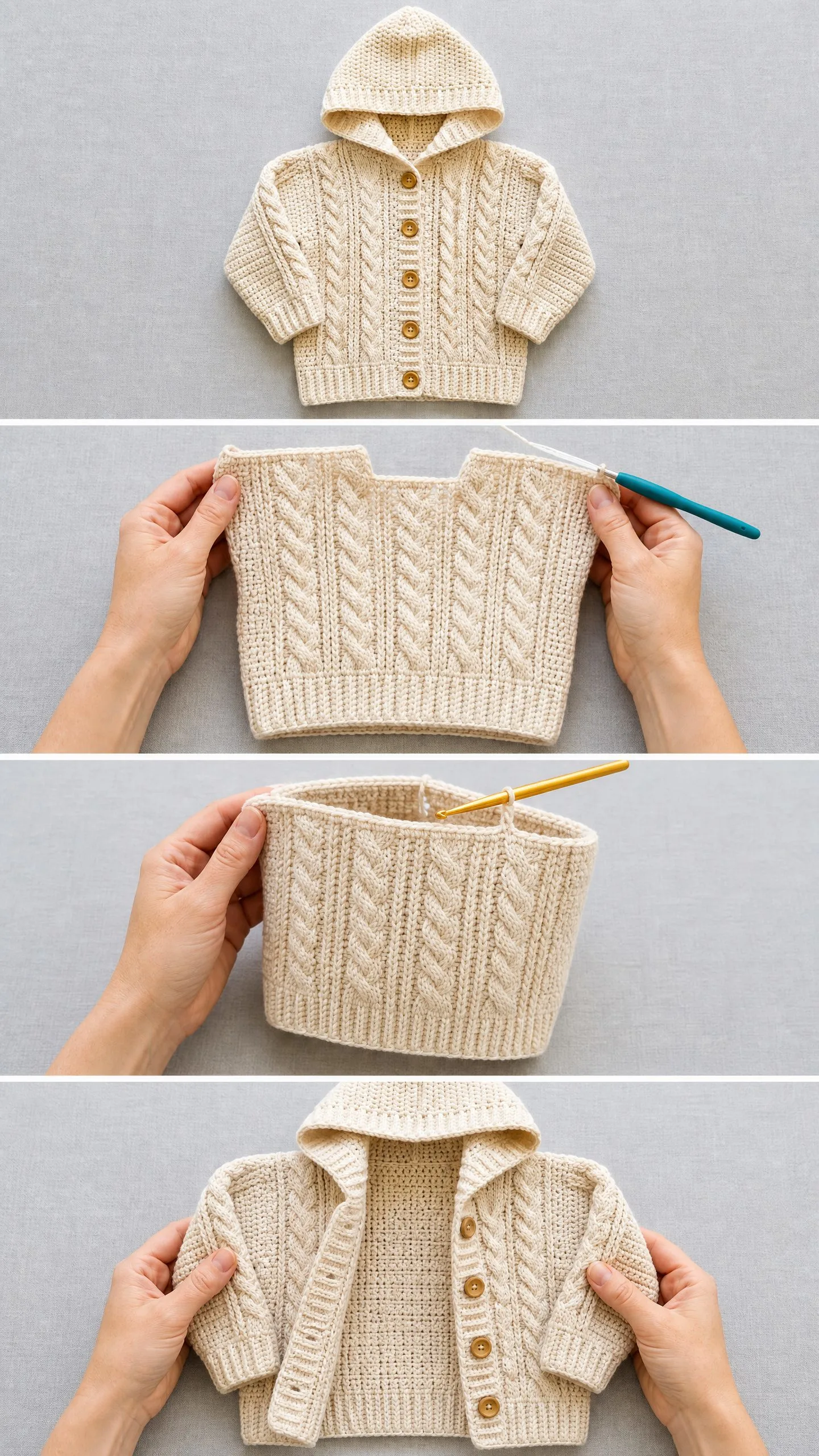 Cream Cable Knit Look Baby Hoodie Free Crochet Pattern