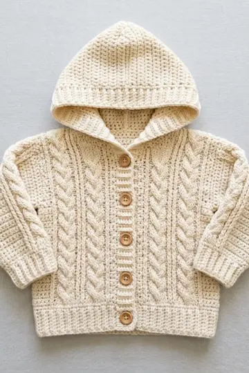 Cream Cable Knit Look Baby Hoodie Free Crochet Pattern
