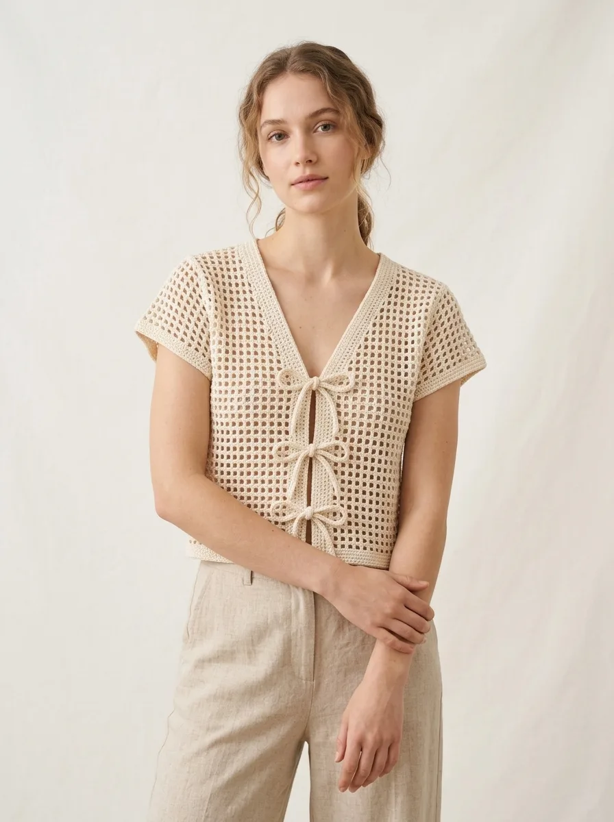 Cream White Lace Tie Cardigan Free Crochet Pattern