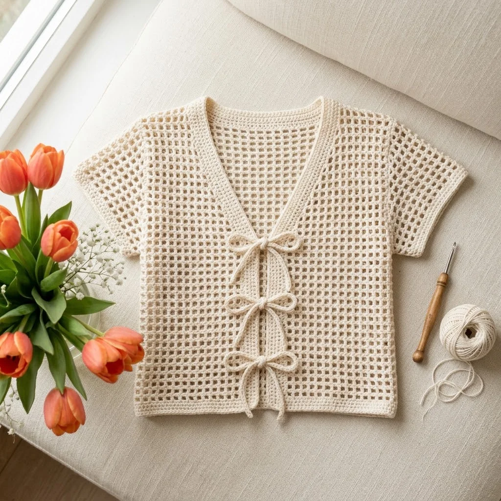 Cream White Lace Tie Cardigan Free Crochet Pattern