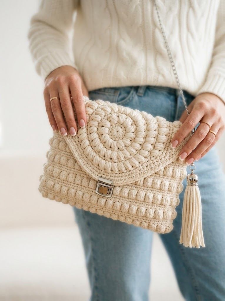 Cream White Textured Spiral Clutch Free Crochet Pattern