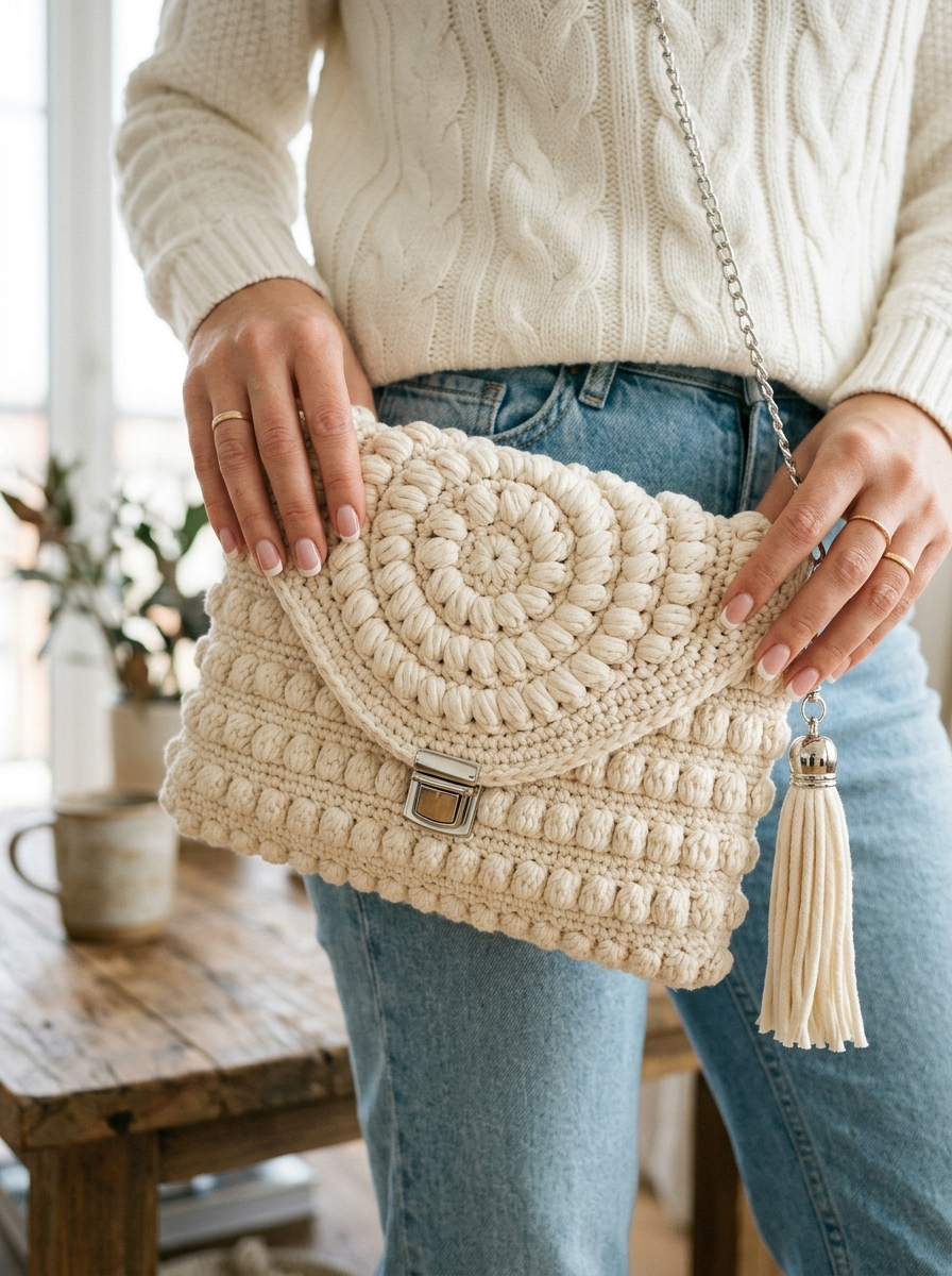 Cream White Textured Spiral Clutch Crochet Pattern (PDF Download)