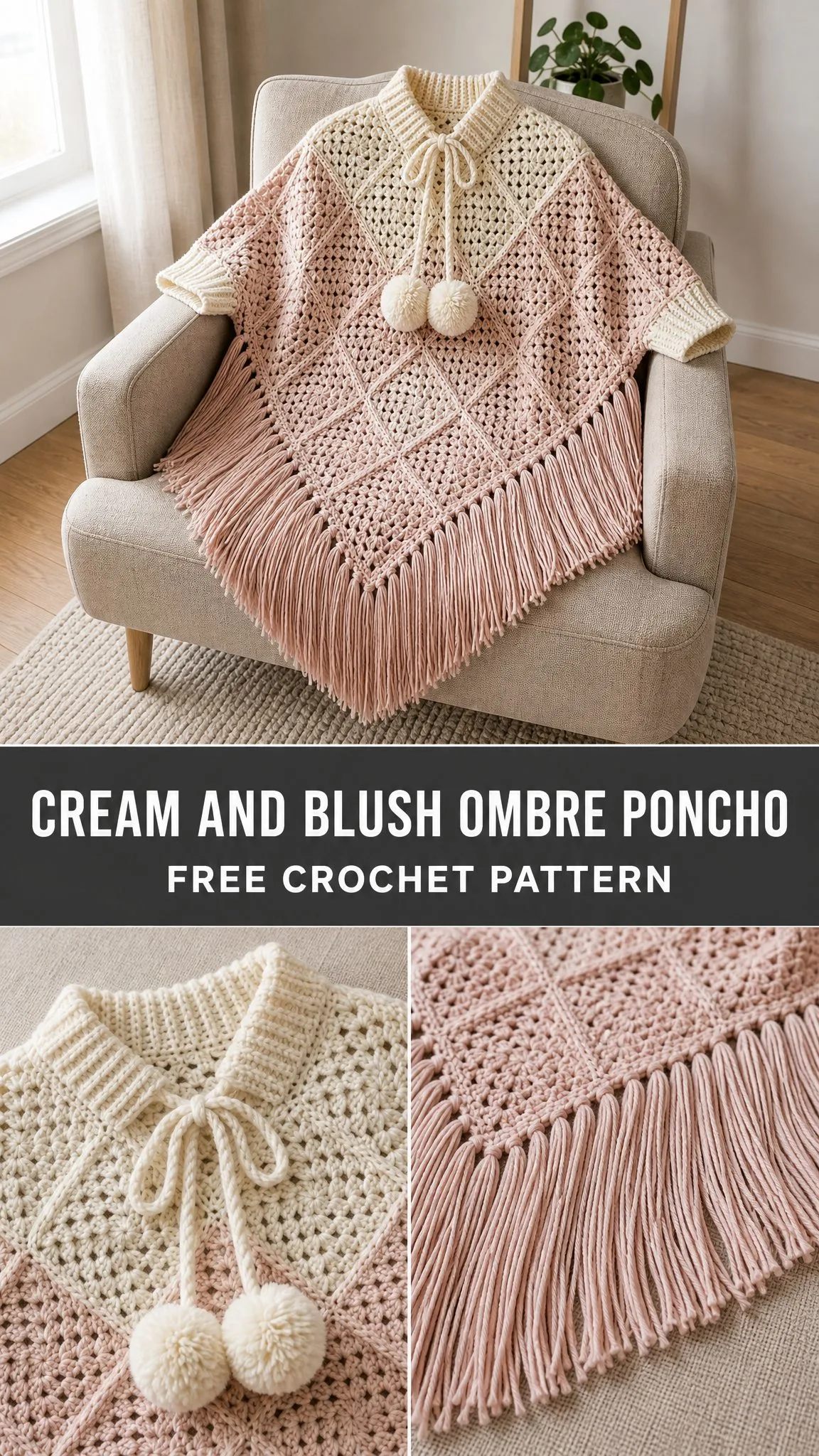 Cream and Blush Ombre Poncho Free Crochet Pattern