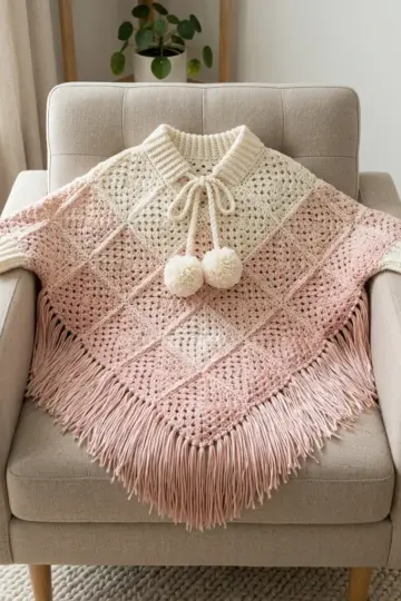 Cream and Blush Ombre Poncho Free Crochet Pattern