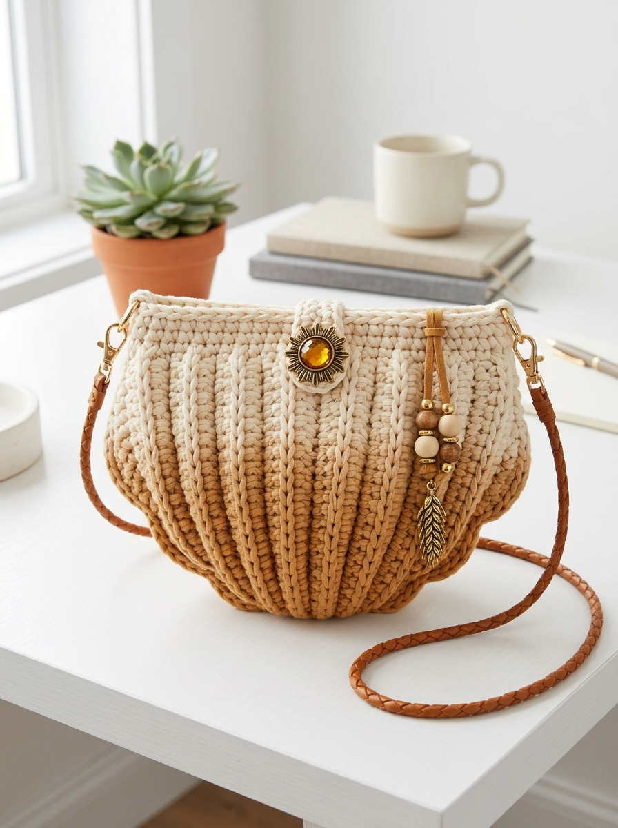 Cream and Caramel Neutral Shell Bag Free Crochet Pattern