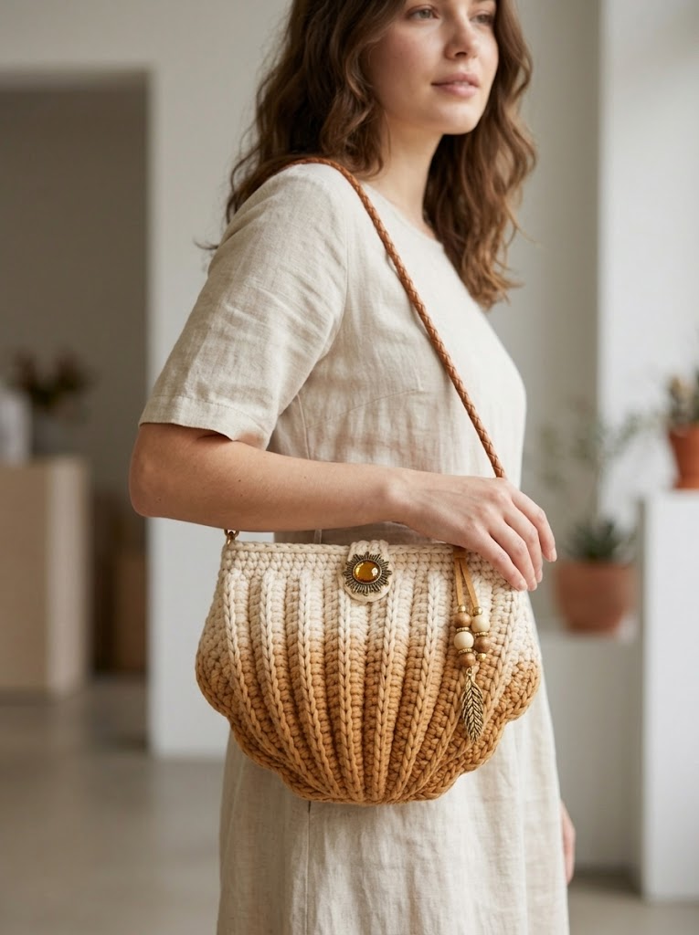 Cream and Caramel Neutral Shell Bag Free Crochet Pattern