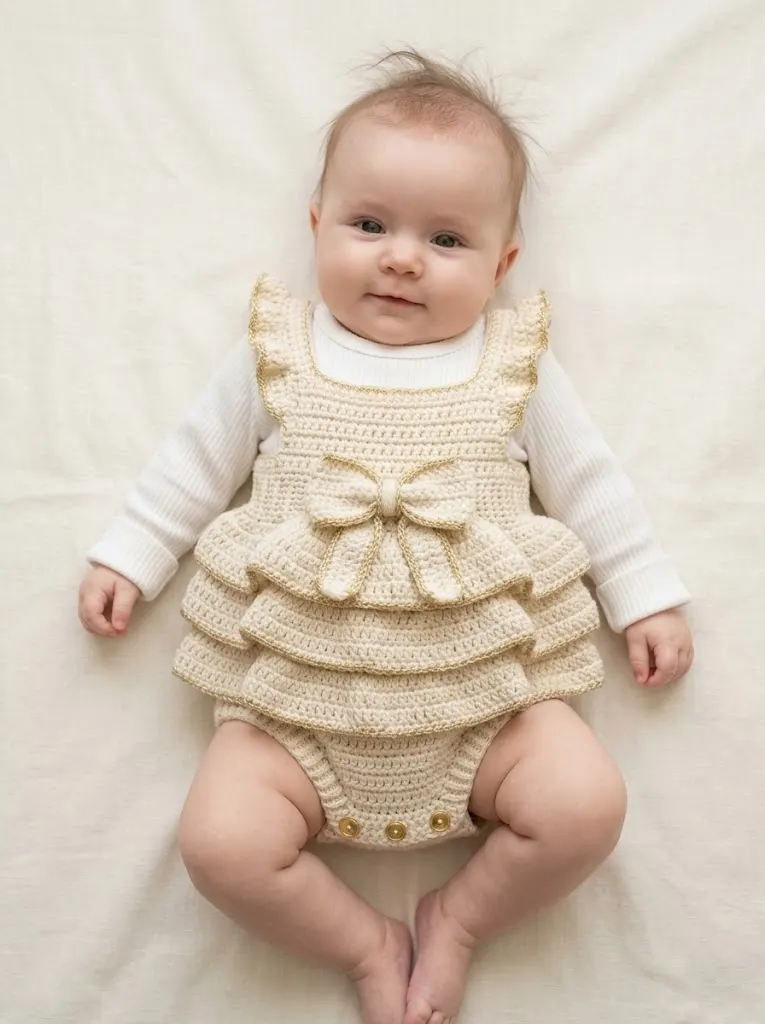 Cream and Gold Ruffled Baby Romper Free Crochet Pattern