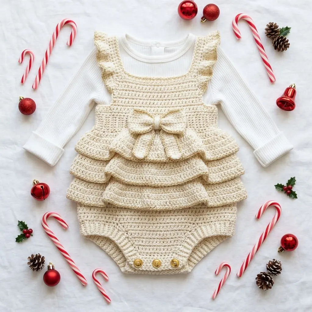 Cream and Gold Ruffled Baby Romper Free Crochet Pattern