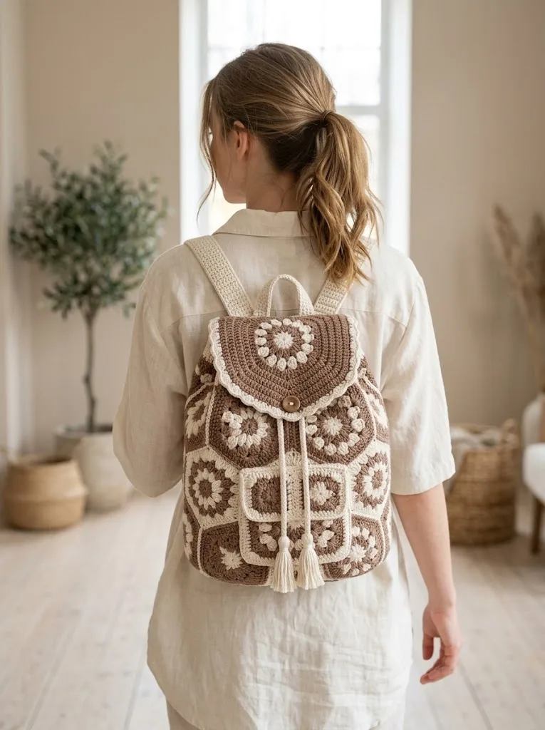 Cream and Mocha Two-Tone Granny Backpack Crochet Pattern
