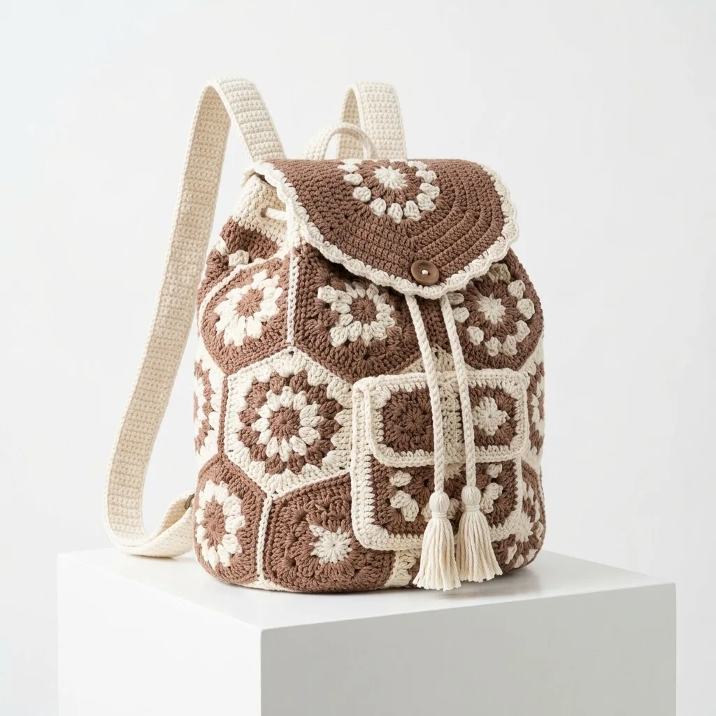 Cream and Mocha Two-Tone Granny Backpack Crochet Pattern
