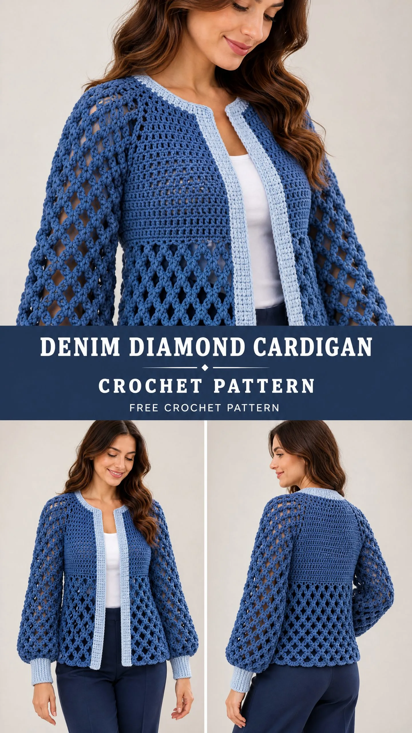 Close up of balloon sleeve detail on denim diamond crochet cardigan showing lattice stitch pattern