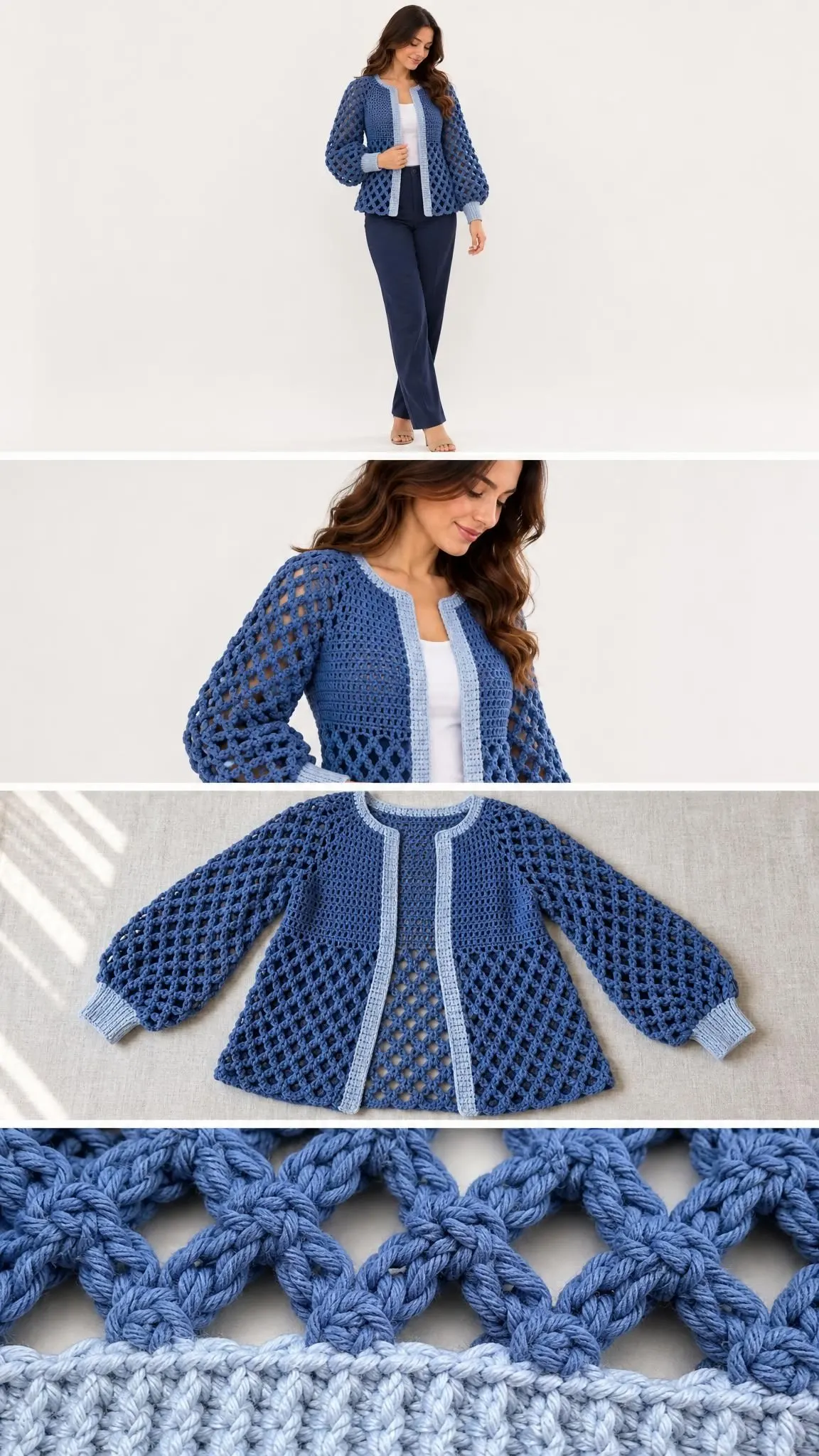Woman wearing finished denim diamond cardigan crochet pattern with contrasting pale blue front bands