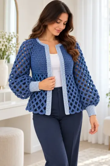 Denim blue crochet cardigan with open diamond mesh sleeves and pale blue ribbed cuffs worn over white top