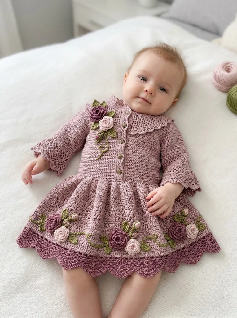 Dusty Rose Heirloom Baby Dress Free Crochet Pattern