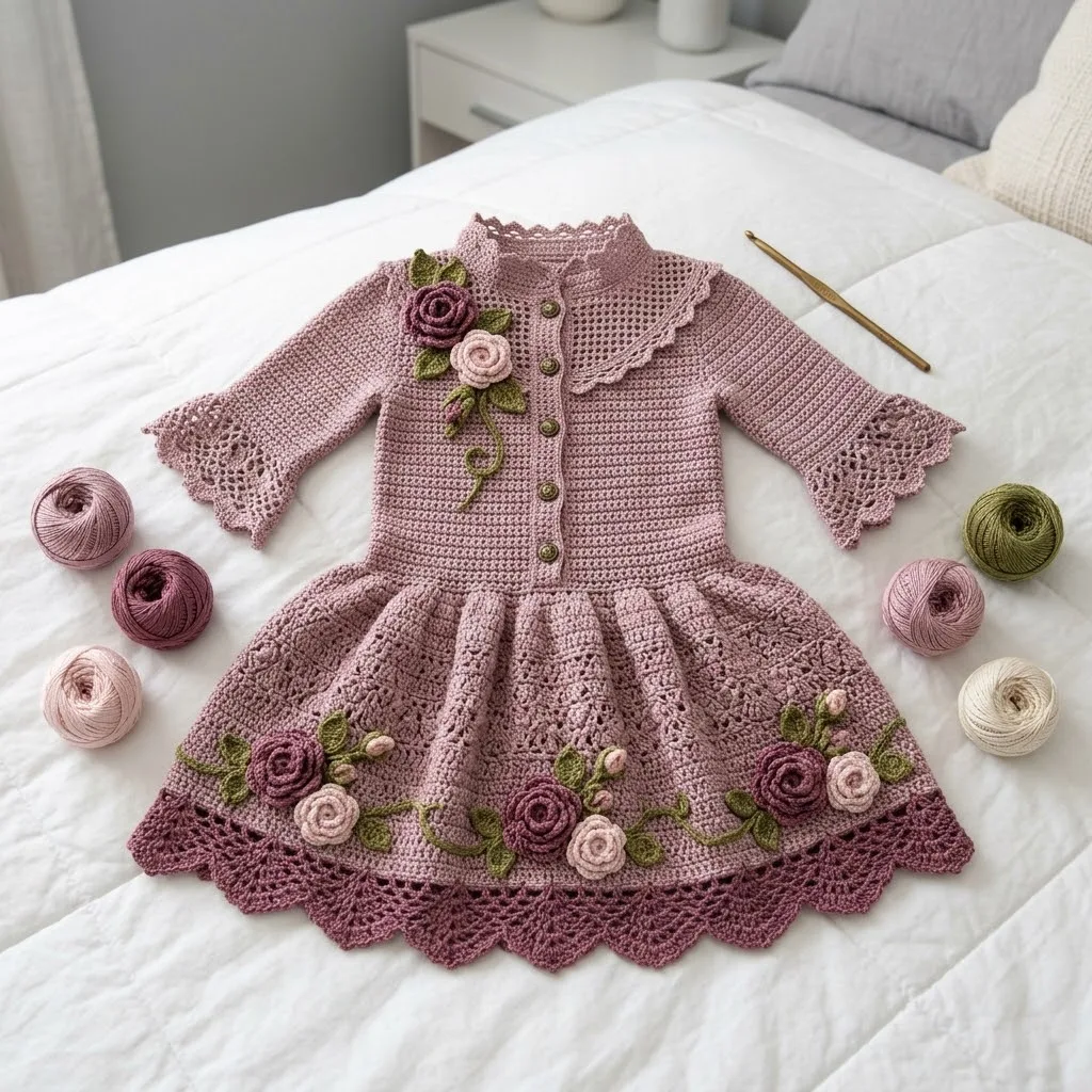 Dusty Rose Heirloom Baby Dress Free Crochet Pattern