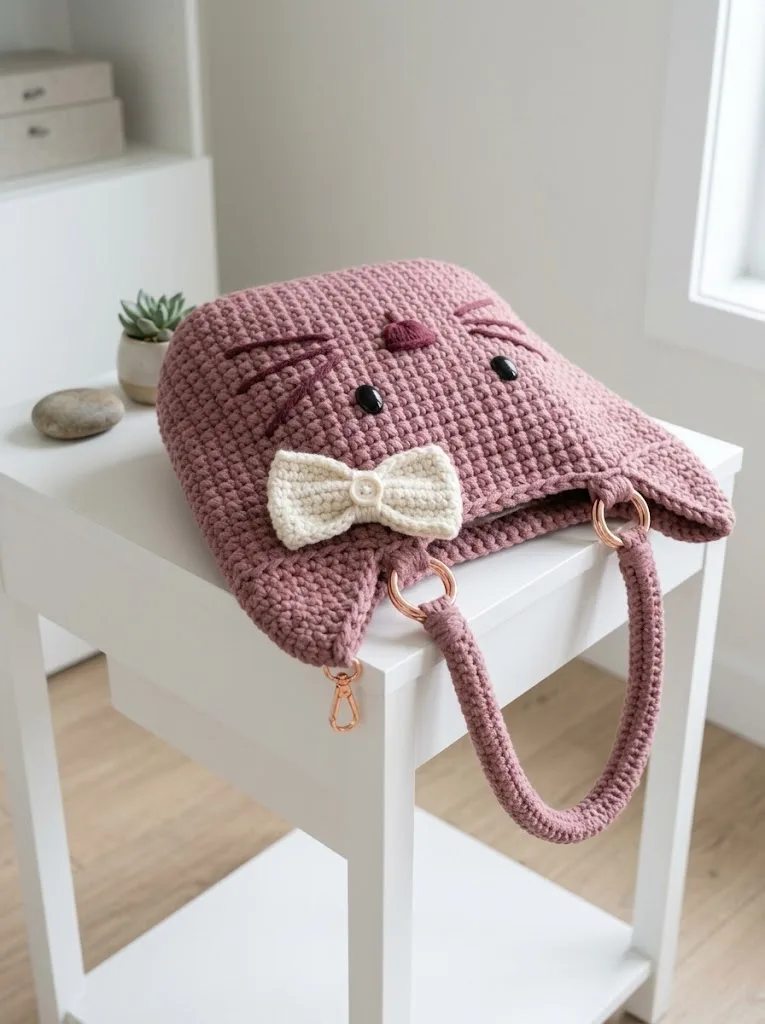Dusty Rose Kitty Face Tote Bag Free Crochet Pattern