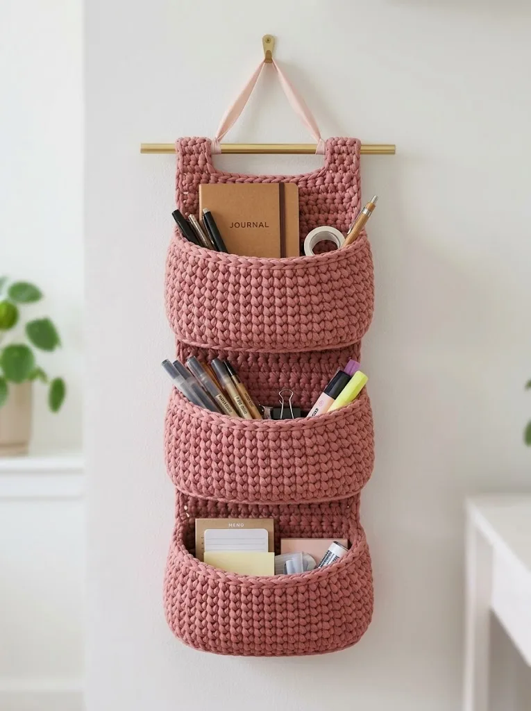 Dusty Rose Office Wall Organizer Free Crochet Pattern