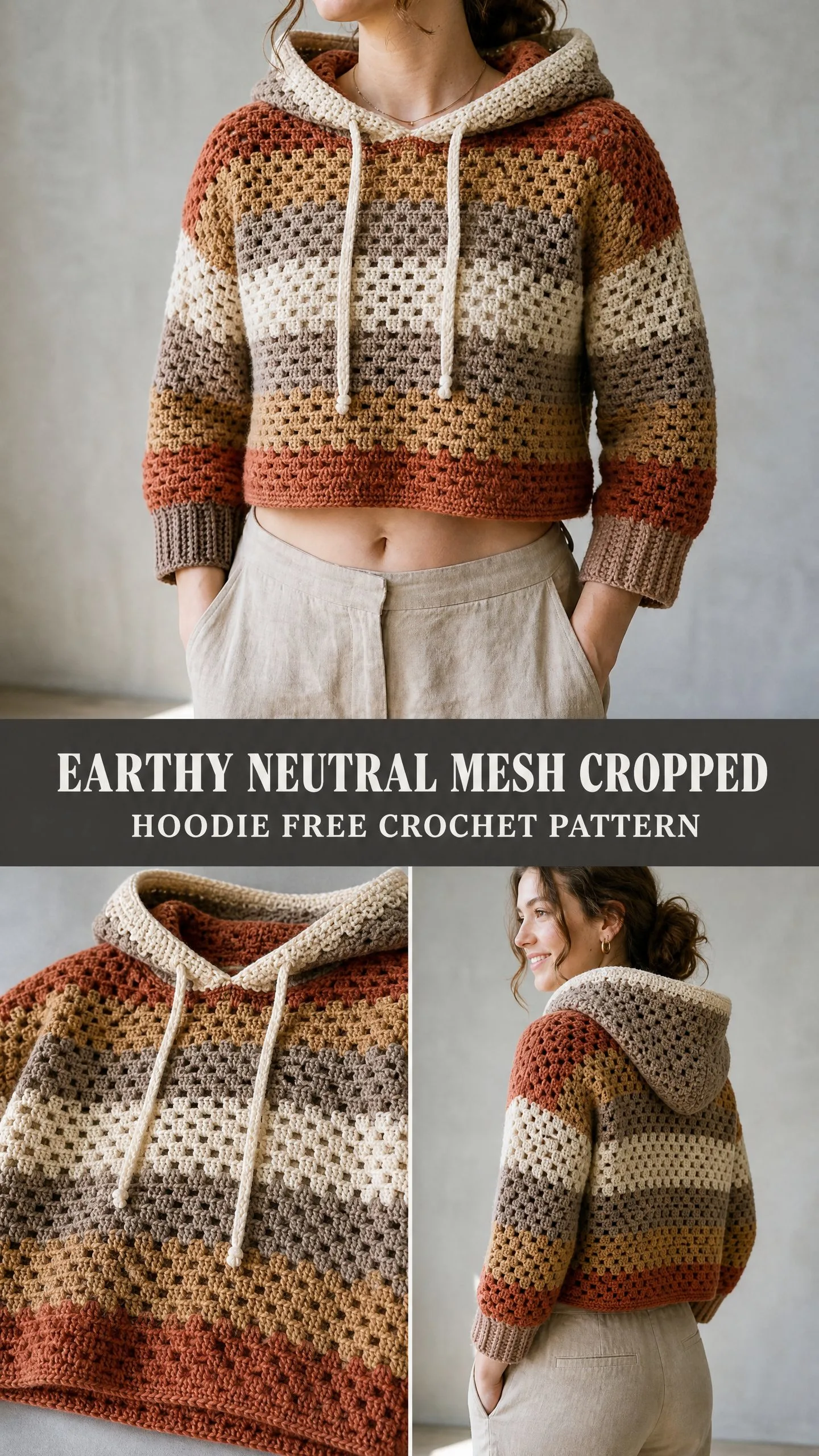 Earthy Neutral Mesh Cropped Hoodie Free Crochet Pattern