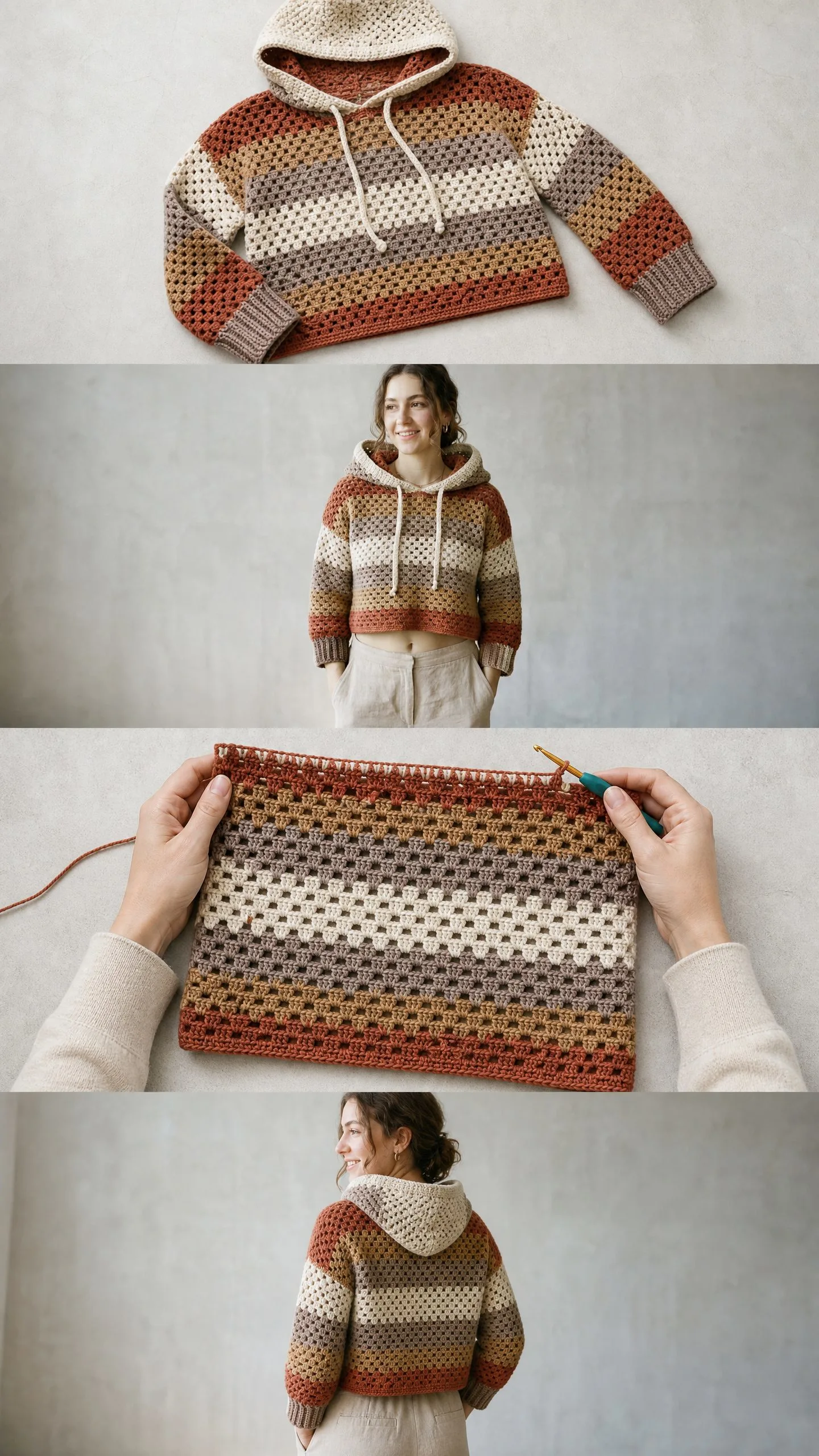Earthy Neutral Mesh Cropped Hoodie Free Crochet Pattern