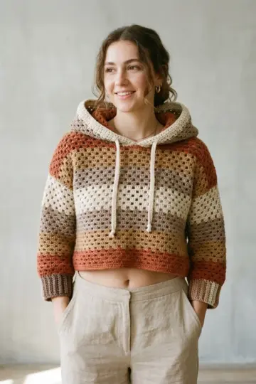 Earthy Neutral Mesh Cropped Hoodie Free Crochet Pattern