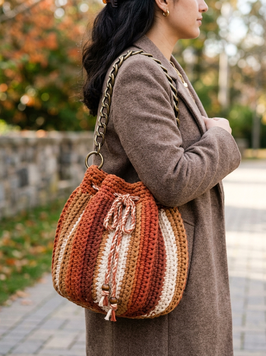 Earthy Terracotta Drawstring Bucket Bag Crochet Pattern (PDF Download)