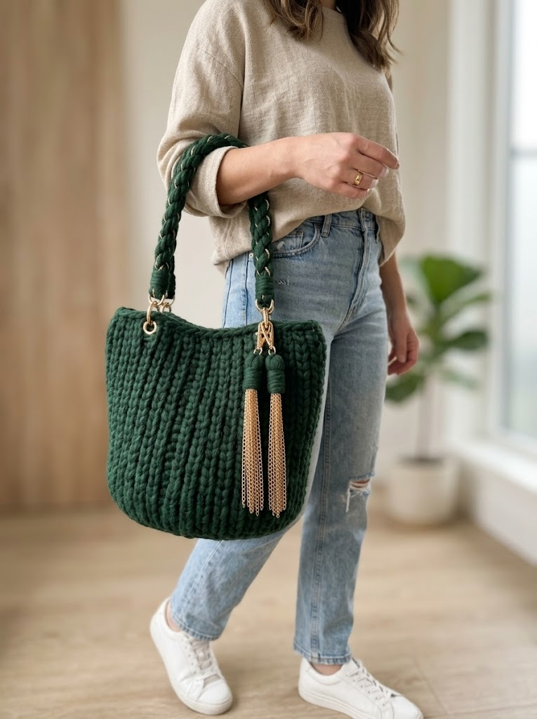 Forest Green Chunky Tote with Gold Chain Tassels Pattern