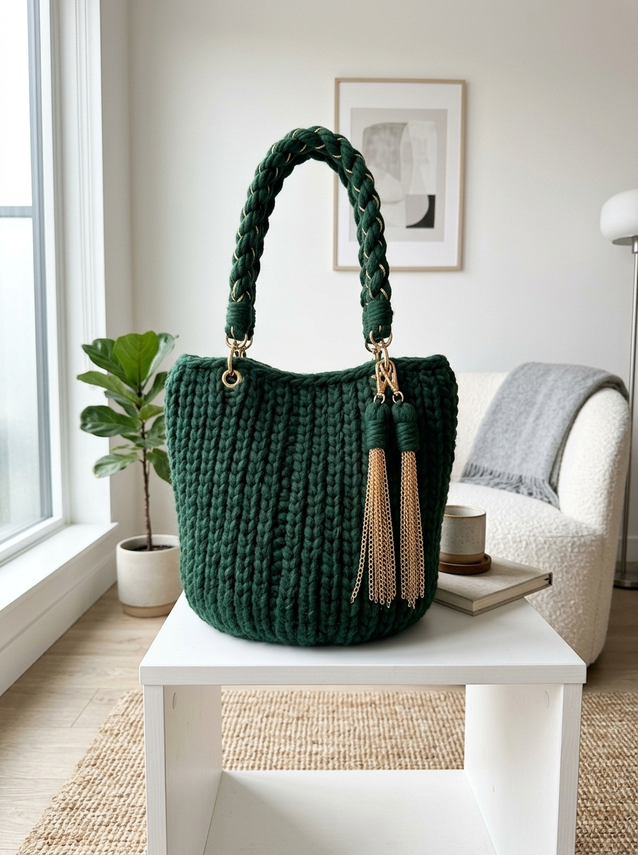 Forest Green Chunky Tote with Gold Chain Tassels Pattern (PDF Download)